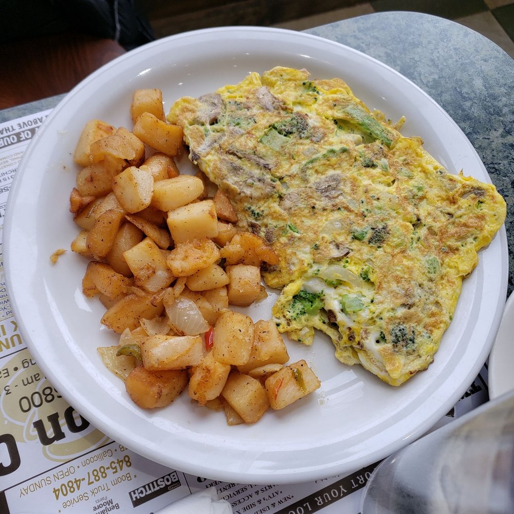 Callicoon Caffe - Veggie omelette (egg, broccoli, onion, mushroom and cheese) with a side of home fries - Coffee & Tea Near Me - Callicoon, New York Callicoon Caffe - Veggie omelette (egg, broccoli, onion, mushroom and cheese) with a side of home fries - Coffee & Tea Near Me - Callicoon, New York