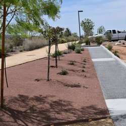 Contemporary Landscape & Maintenance - Commercial landscape installation featuring desert-friendly plants, decorative gravel ground cover, young trees, and a paved ...