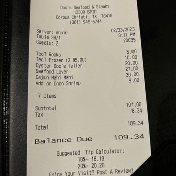 Doc's Seafood & Steaks - The bill - Seafood Near Me - Corpus Christi, Texas