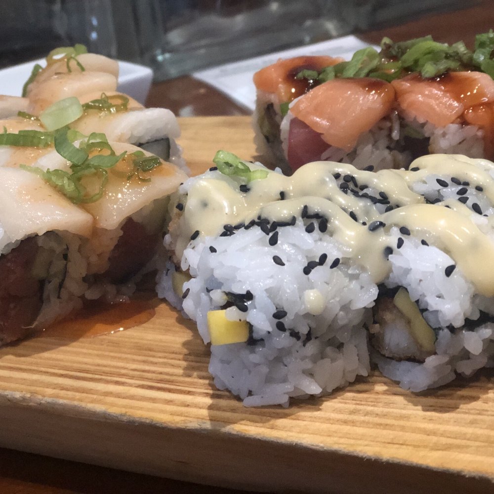 Kaiyo Grill & Sushi - Hogfish macadamia roll, Salmon roll , and red hot white hot roll - Sushi Bars Near Me - Islamorada, Florida Kaiyo Grill & Sushi - Hogfish macadamia roll, Salmon roll , and red hot white hot roll - Sushi Bars Near Me - Islamorada, Florida