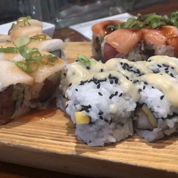 Kaiyo Grill & Sushi - Hogfish macadamia roll, Salmon roll , and red hot white hot roll - Sushi Bars Near Me - Islamorada, Florida