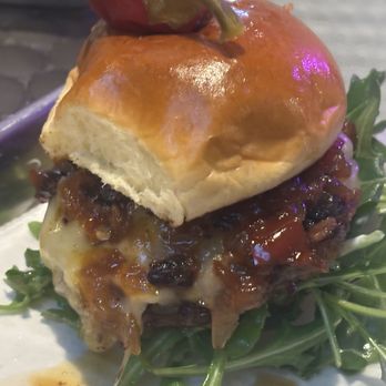 Rosemarie's Buns and Brews - the LITTLE SAL (1/4 lb wagyu slider, jack cheese, bacon-whiskey sauce, onion confit, baby arugula, and Kewpie mayo) on a Turano brioche bun - Burgers Near Me - Encinitas, California Rosemarie's Buns and Brews - the LITTLE SAL (1/4 lb wagyu slider, jack cheese, bacon-whiskey sauce, onion confit, baby arugula, and Kewpie mayo) on a Turano brioche bun - Burgers Near Me - Encinitas, California