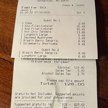 LongHorn Steakhouse - Bill for 3, plus dessert and drinks. - Steakhouses Near Me - Germantown, Maryland LongHorn Steakhouse - Bill for 3, plus dessert and drinks. - Steakhouses Near Me - Germantown, Maryland