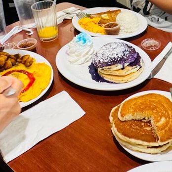 Eggs 'n Things - Waikiki Beach Eggspress - Ube Pancake and omelet special (Ham, onions and green peppers, so a Denver omelet) - Breakfast & Brunch Near Me - Honolulu, Hawaii Eggs 'n Things - Waikiki Beach Eggspress - Ube Pancake and omelet special (Ham, onions and green peppers, so a Denver omelet) - Breakfast & Brunch Near Me - Honolulu, Hawaii