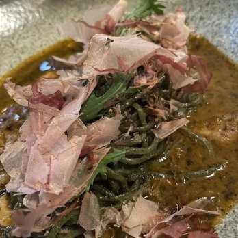 The Progress - brown butter seaweed noodles 24. oyster mushrooms, tomato-kale dashi & bonito - New American Near Me - San Francisco, California The Progress - brown butter seaweed noodles 24. oyster mushrooms, tomato-kale dashi & bonito - New American Near Me - San Francisco, California
