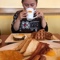 Denny's - All American slam partner with ice coffee, Salisbury and waffle partner with hot chocolate