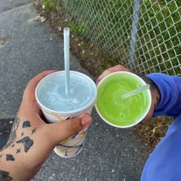cotton candy milkshake (left) & lime slushie (right)