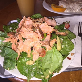 Brewed Cafe & Pub - Salmon atop a glorious spinach salad - Coffee & Tea Near Me - Vancouver, Washington