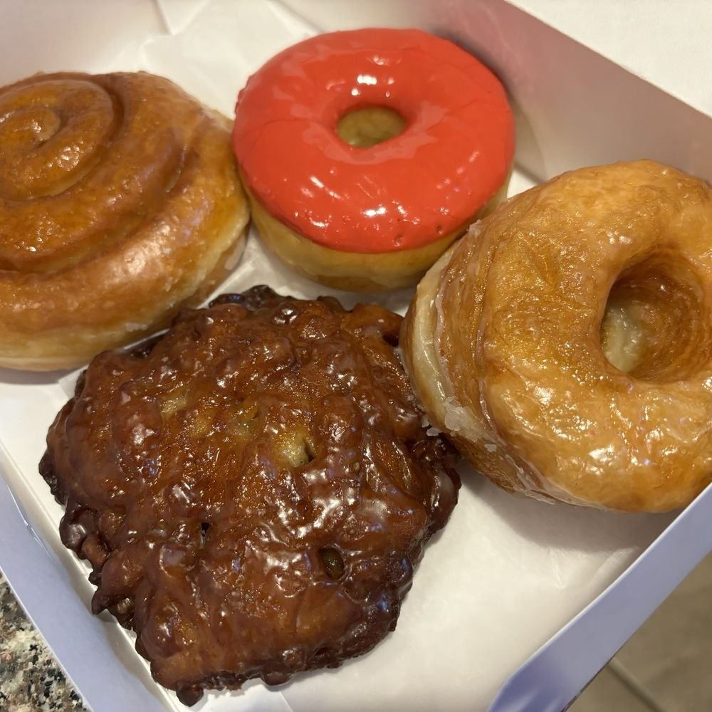 Karma Kolache & Dessert - Left to right (clockwise): Cinnamon Rolls, Iced Donut, Cronut, Apple Fritter - Bakeries Near Me - Spring, Texas