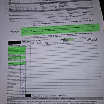 Central A/S - Picture of the DMV form they lied on, the 5 items highlighted should have been checked as fail not pass, the car is not safe at all. - Car Dealers Near Me - East Windsor, Connecticut Central A/S - Picture of the DMV form they lied on, the 5 items highlighted should have been checked as fail not pass, the car is not safe at all. - Car Dealers Near Me - East Windsor, Connecticut