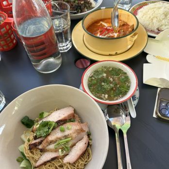 Tuk Tuk Thai - Bamee Pork collar, Panang Curry, and Chili Holy Basil (over rice) - Thai Near Me - Los Angeles, California Tuk Tuk Thai - Bamee Pork collar, Panang Curry, and Chili Holy Basil (over rice) - Thai Near Me - Los Angeles, California