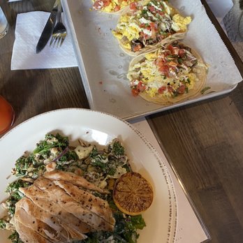 The Oakmont - Breakfast tacos and kale salad with grilled chicken - American Near Me - Indianapolis, Indiana The Oakmont - Breakfast tacos and kale salad with grilled chicken - American Near Me - Indianapolis, Indiana