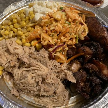Moku Hawaiian Grill - Regular: Kalua pork, Mochiko chicken, no rice, corn, kimchi slaw, and Mac salad - Hawaiian Near Me - Phoenix, Arizona