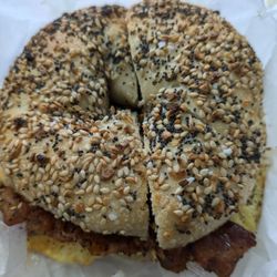 Old Country Bagel - Bacon, egg, and cheese on Everything Bagel