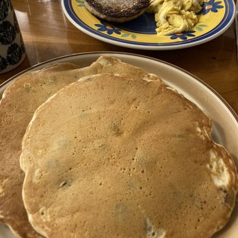 Forget Me Not Café - Blueberry pancakes with scrambled eggs and sausage patty - Cafes Near Me - Buffalo, Minnesota