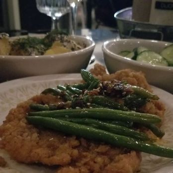 Oak Parker - Chicken Schnitzel with the green beans, sweet and spicy cucumbers and warm potato salad - Cocktail Bars Near Me - Oak Park, Michigan Oak Parker - Chicken Schnitzel with the green beans, sweet and spicy cucumbers and warm potato salad - Cocktail Bars Near Me - Oak Park, Michigan