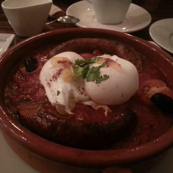 Medina Cafe - Poached eggs with tomato stew, red pepper, sausage, etc...soooo good! - Breakfast & Brunch Near Me - Vancouver, British Columbia