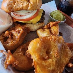 Lumberyard Grub and Pub - Burger and the amazing onion rings!!