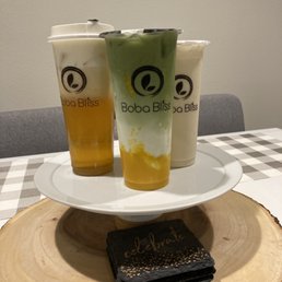 Left to right: Green tea cheese foam, mango matcha milk tea and jasmine milk tea Left to right: Green tea cheese foam, mango matcha milk tea and jasmine milk tea