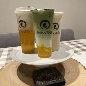 Boba Bliss - Left to right: Green tea cheese foam, mango matcha milk tea and jasmine milk tea - Bubble Tea Near Me - Dublin, California Boba Bliss - Left to right: Green tea cheese foam, mango matcha milk tea and jasmine milk tea - Bubble Tea Near Me - Dublin, California