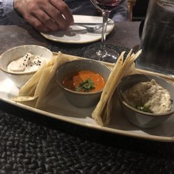 Safya - Triple dip - pita bread with hummus, Baba ganoush, and spicy tomato sauce