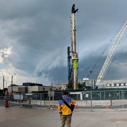 Eglinton West Subway Station - Out front looking west at the construction of the Eglinton Crosstown LRT panoramic. July 2018