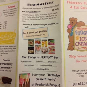 Frederick Fudge & Ice Cream - menu (back) - Candy Stores Near Me - Frederick, Maryland Frederick Fudge & Ice Cream - menu (back) - Candy Stores Near Me - Frederick, Maryland