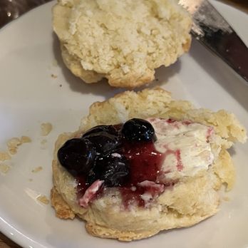 Tupelo Honey - Biscuit for a Cause with the blueberry jam. Also comes with a choice of peach or milk gravy for an extra $1. - New American Near Me - Lenexa, Kansas