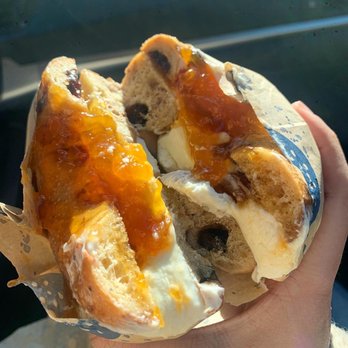 Boichik Bagels - Cinnamon raisin bagel with apricot jam and cream cheese - Bagels Near Me - Berkeley, California