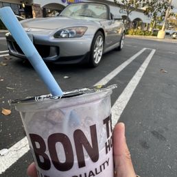 Taro smoothie, half on sugar with boba