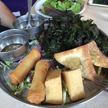 Red Curry Vegan Kitchen - Sampler appetizer. Fried tofu, wonton samosas, kale chips, veggie rolls. Good sauces. - Vegan Near Me - Flagstaff, Arizona Red Curry Vegan Kitchen - Sampler appetizer. Fried tofu, wonton samosas, kale chips, veggie rolls. Good sauces. - Vegan Near Me - Flagstaff, Arizona