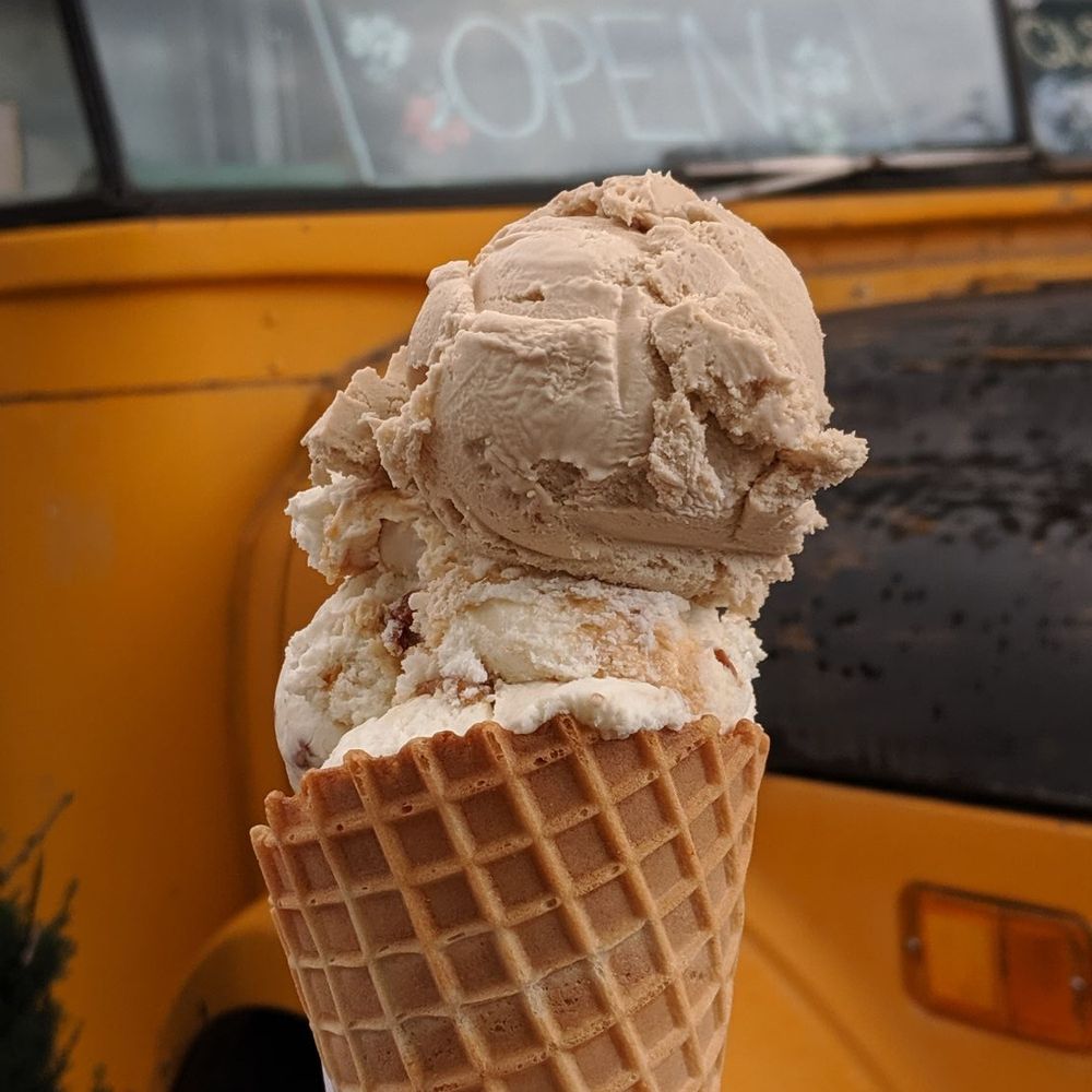 Old School Bus Ice Cream - Triple scoop in a waffle cone - Ice Cream & Frozen Yogurt Near Me - Canmore, Alberta