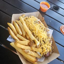 Chili dog with fries