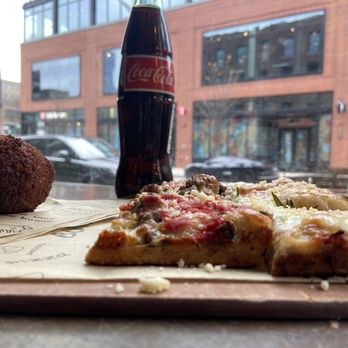 Bonci - 2 pizzas, a fried spaghetti risotto ball, and a Mexican Coke - Pizza Near Me - Chicago, Illinois Bonci - 2 pizzas, a fried spaghetti risotto ball, and a Mexican Coke - Pizza Near Me - Chicago, Illinois