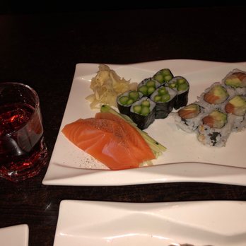 OKI Asian Bistro - Salmon Sashimi with an asparagus roll and Alaska Roll (Chef sent out a glass of wine on the house, how amazing) - Japanese Near Me - Vernon, Connecticut OKI Asian Bistro - Salmon Sashimi with an asparagus roll and Alaska Roll (Chef sent out a glass of wine on the house, how amazing) - Japanese Near Me - Vernon, Connecticut