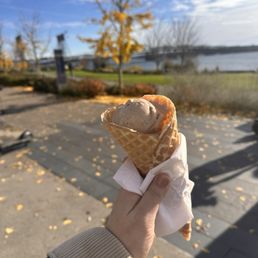 two scoops of ice cream in a waffle cone: Cinnamon Snickerdoodle and Hazelnut Cookies & Cream (v)