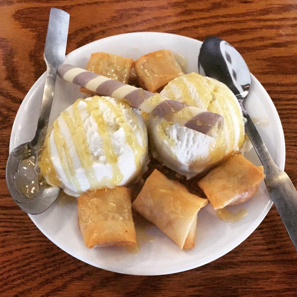 Jasmine Thai Restaurant - Coconut ice cream with fried banana coins, drizzled with honey and crushed peanuts - Thai Near Me - Tonawanda, New York