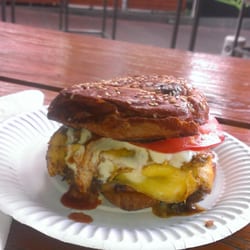 Lusty Fine - Breakfast sandwich, scrambled egg, chipotle pulled pork, sour cream & tomato
