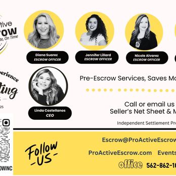 Pro-Active Escrow - Escrow Closer Team
We make escrow a smooth experience with care and security in mind. - Real Estate Services Near Me - Downey, California Pro-Active Escrow - Escrow Closer Team
We make escrow a smooth experience with care and security in mind. - Real Estate Services Near Me - Downey, California