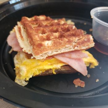 Deadlift Coffee Shop - Waffle sandwich w/eggs, ham & bacon! Great breakfast: (note: 1/2 was inhaled already:) - Coffee & Tea Near Me - Casa Grande, Arizona Deadlift Coffee Shop - Waffle sandwich w/eggs, ham & bacon! Great breakfast: (note: 1/2 was inhaled already:) - Coffee & Tea Near Me - Casa Grande, Arizona