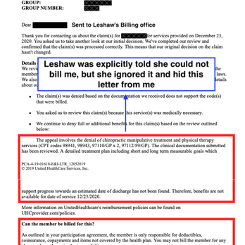 Ascent Chiropractic - UHC explicitly told Leshaw she could not bill me for this denied claim. She ignored it, hid this information from me and sent me the bill. - Chiropractors Near Me - Normandy Park, Washington