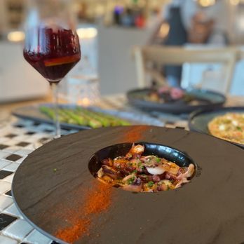 CalaMillor - a plate of food and a glass of wine - Spanish Near Me - Miami, Florida