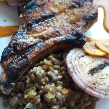 Bacchus' Kitchen + Wine Bar - Cuban pork chop with lentils and grillled red onions and plantain chips - New American Near Me - Pasadena, California Bacchus' Kitchen + Wine Bar - Cuban pork chop with lentils and grillled red onions and plantain chips - New American Near Me - Pasadena, California