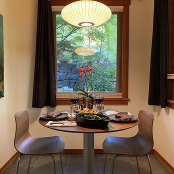Coast Cabins - Dining table for two with the amazing meal that we cooked in the kitchen and using the bbq grill - Hotels Near Me - Manzanita, Oregon