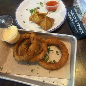 Sweet Auburn BBQ - Pimento Cheese Wontons and side onion rings - Barbeque Near Me - Atlanta, Georgia Sweet Auburn BBQ - Pimento Cheese Wontons and side onion rings - Barbeque Near Me - Atlanta, Georgia