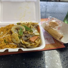 Beef in curry sauce, fried rice, and an egg roll Beef in curry sauce, fried rice, and an egg roll