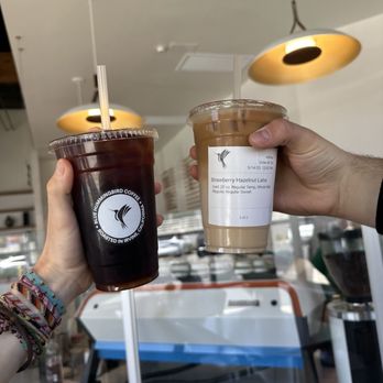 Blue Hummingbird Roastery - cold brew with sugar free vanilla, iced strawberry hazelnut latte with whole milk - Coffee Roasteries Near Me - Irvine, California Blue Hummingbird Roastery - cold brew with sugar free vanilla, iced strawberry hazelnut latte with whole milk - Coffee Roasteries Near Me - Irvine, California