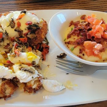 Another Broken Egg Cafe - Hash Brown Benedict with loaded grits - Breakfast & Brunch Near Me - Dunwoody, Georgia