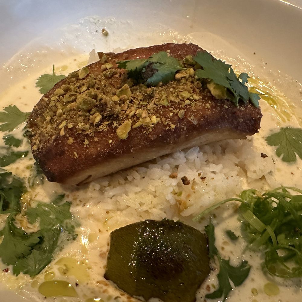 Nicholas Barrel & Roost - Pistachio Dusted Mahi Mahi, Sticky Rice, Coconut Broth, Green Curry Oil, Scallions - Bars Near Me - Red Bank, New Jersey Nicholas Barrel & Roost - Pistachio Dusted Mahi Mahi, Sticky Rice, Coconut Broth, Green Curry Oil, Scallions - Bars Near Me - Red Bank, New Jersey