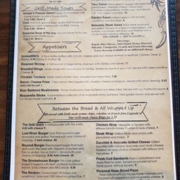 Picture of their menu. - A menu from The Lost River Grill in Lost River, WV, listing salads, soups, appetizers, and bread options with prices and descriptions.